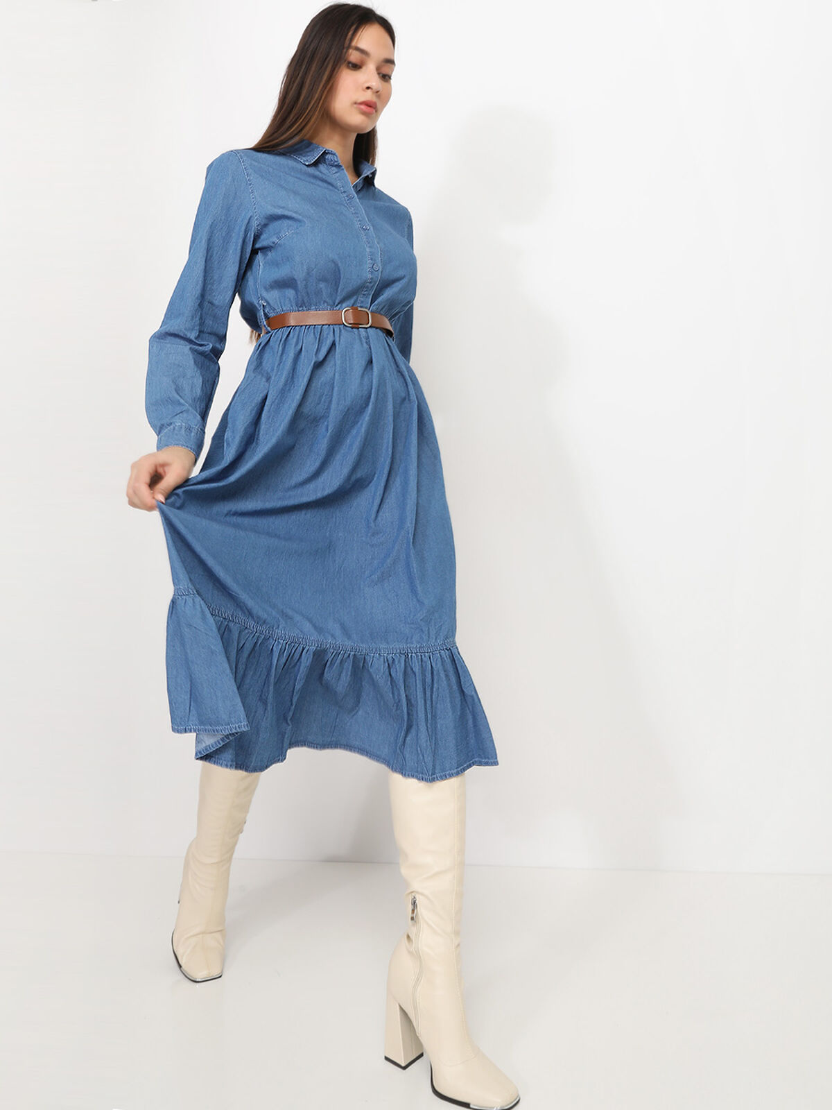 Robe mi-longue effet denim avec ceinture- Bleu