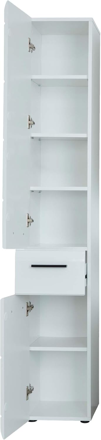 trendteam smart living - Skin - Hochschrank - Weiß/Weiß Hochglanz - 6 Fächer und eine Schublade - (BxHxT) 30 x 182 x 31 cm - Badregal mit 3 höhenverstellbaren Einlegeböden - Kratzfest
