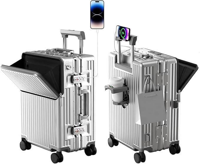 Handgepäckkoffer für Frühjahr/Sommer, fluglinienzugelassen, mit TSA-Schloss, 360°-Rollen, PC-Hartschale und druckfestem Aluminiumrahmen, passend für 20'', 24'' und 26''. (20‘’, Silber)