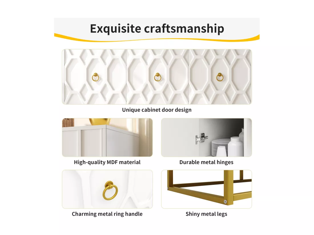 Buffet moderne 120×40×85 cm - 3 portes avec étagères réglables - Blanc
