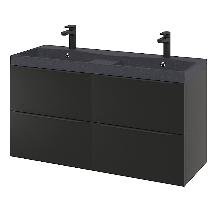 Ensemble salle de bains l.120 cm meuble à suspendre Imandra noir mat + plan double vasque résine noir
