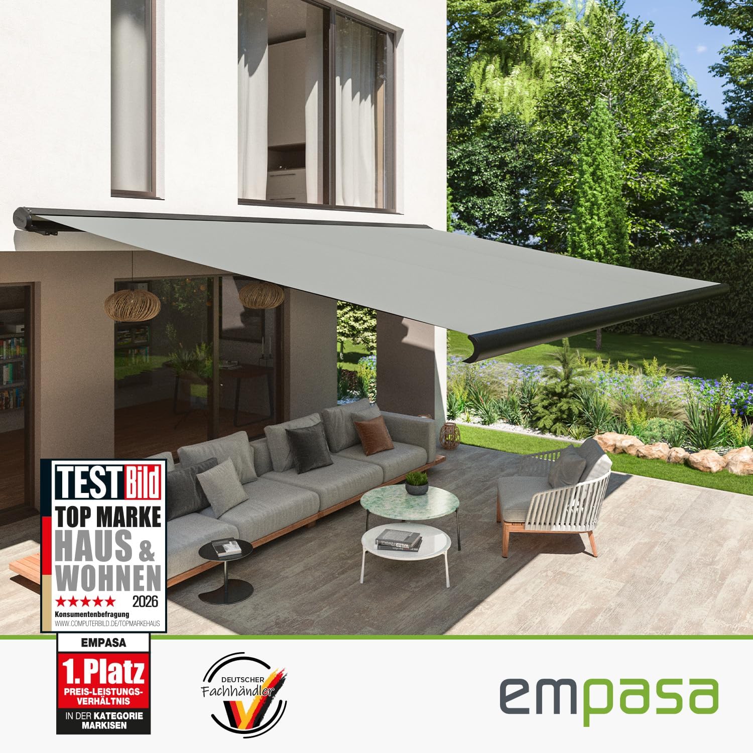 empasa elektrische Vollkassettenmarkise Profi Plus mit WiFi-Motor Smart Home kompatibel Terrassenüberdachung Markise Kassettenmarkise, hellgrau, Verschiedene Größen