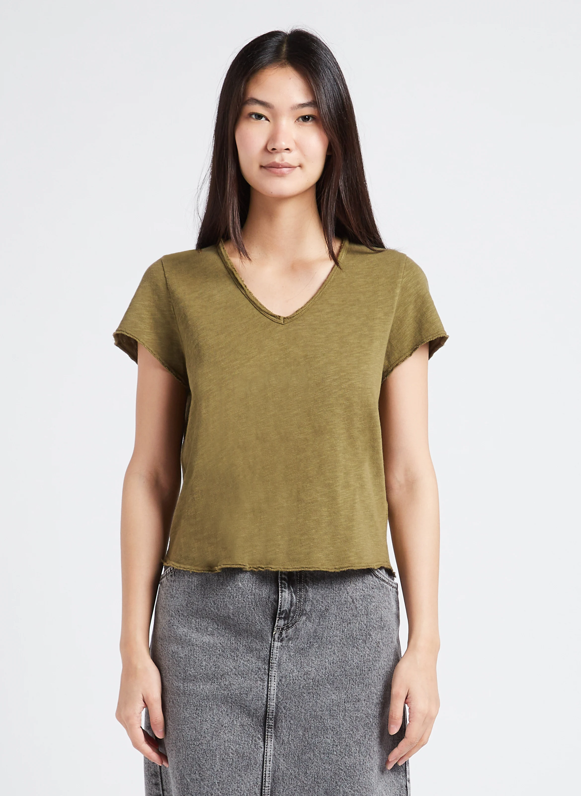SONOMA - Tee-shirt droit col V en coton | Kaki