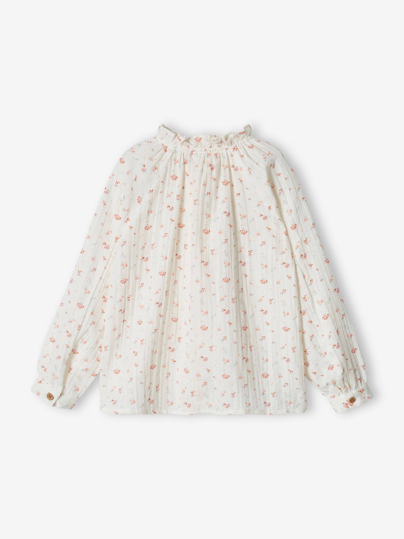 Blusa infantil de chiffon de algodão com babados e estampa floral, personalizável na cor verde-água.