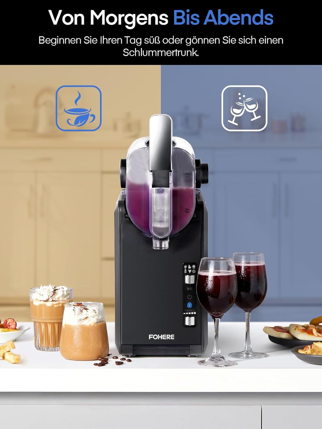 FOHERE Slush Maschine 2L für zu Hause, keine Eiswürfel erforderlich, Selbstreinigung, 5-in-1 Slushie Maschine mit 5 Einstellungen für Slush, Cocktail, Frappé, Milchshake, Wein, Quickfreeze-Technology