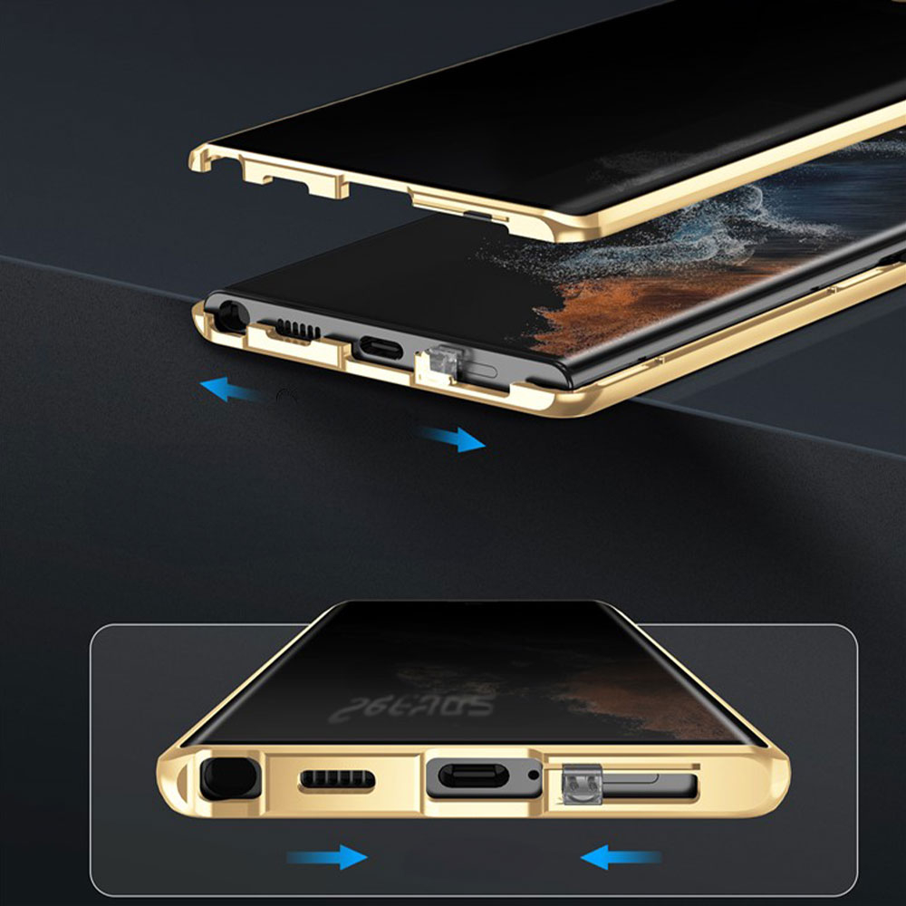 Samsung Galaxy S24  Plus Magnetische Alu Schutzhülle mit Panzer Glas Backcover   Privacy Display- / Kameraglasschutz (Verschlussmechanismus) - Schwarz