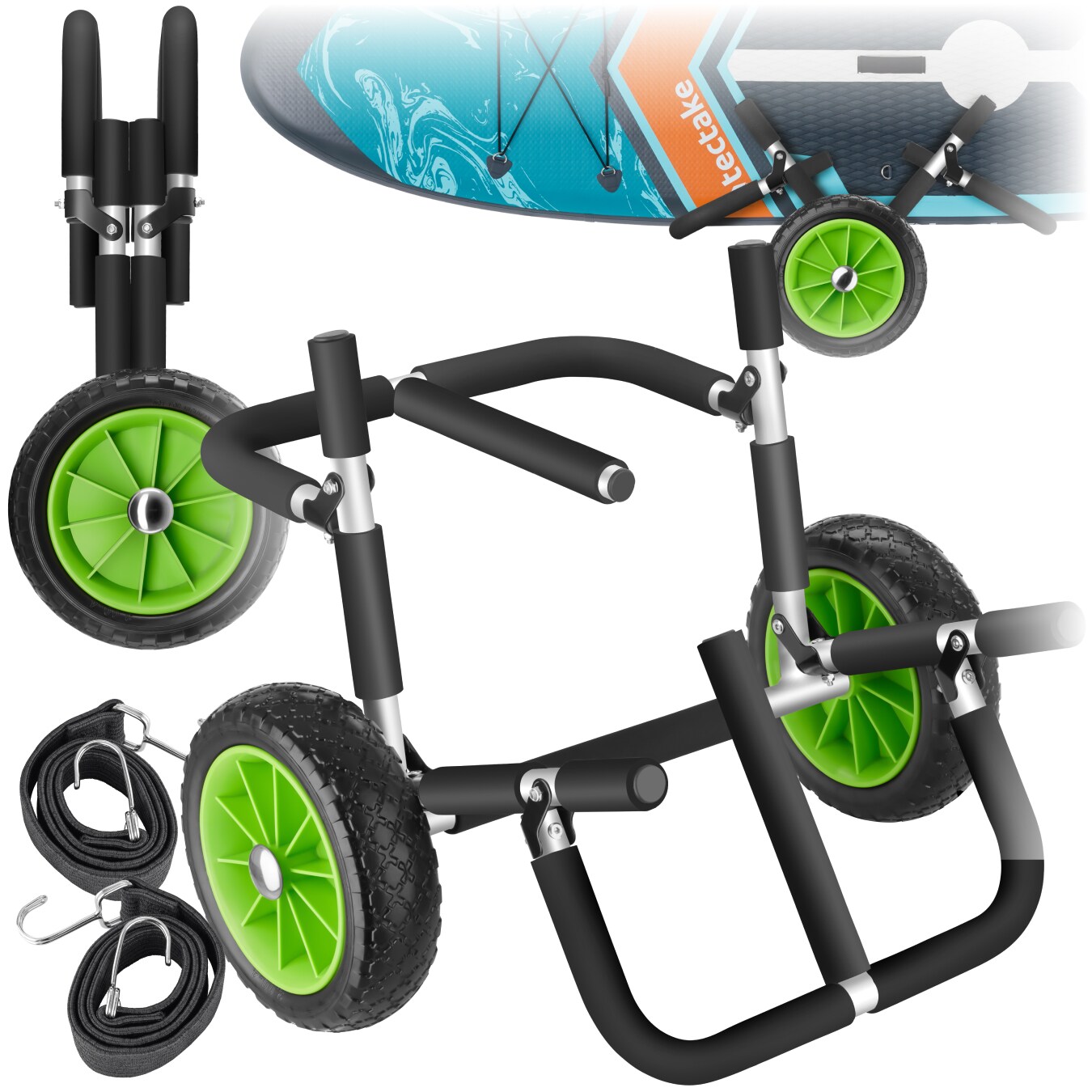 tectake® Surfboard Transportwagen, klappbar, für bis zu 2 Boards, Schaumstoffpolsterung, inkl. 2 Sicherungsgurte, 62 x 53 x 49 cm