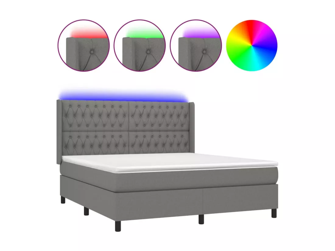 Sommier tapissier et matelas et LED Gris foncé 180x200 cm Tissu