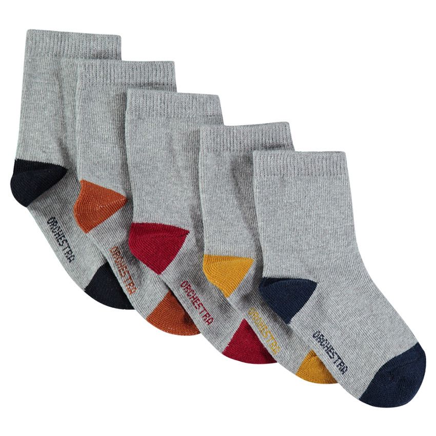 Lot de 5 paires de chaussettes assorties grises avec bout et talon contrastés - Gris chiné