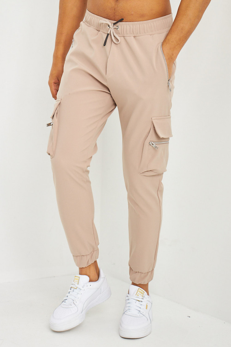 Jogging beige à poches cargo zippées