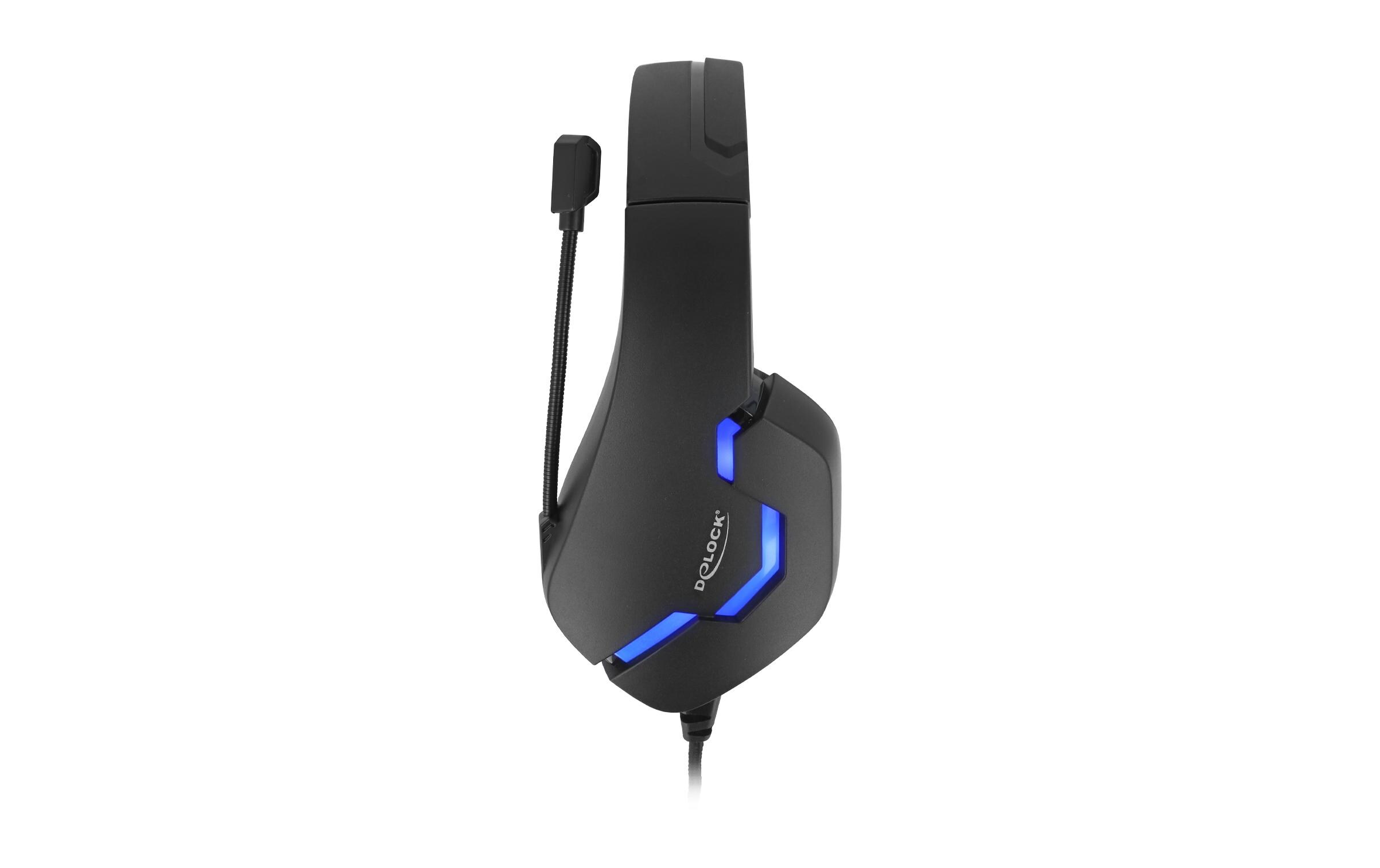 Headset Gaming Over-Ear LED für PC,Notebook,Konsolen SchwarzDelock Gaming Headset Over-Ear mit 3.5 mm Klinkenstecker und blauem LED Licht für PC, Notebook und Spielekonsolen