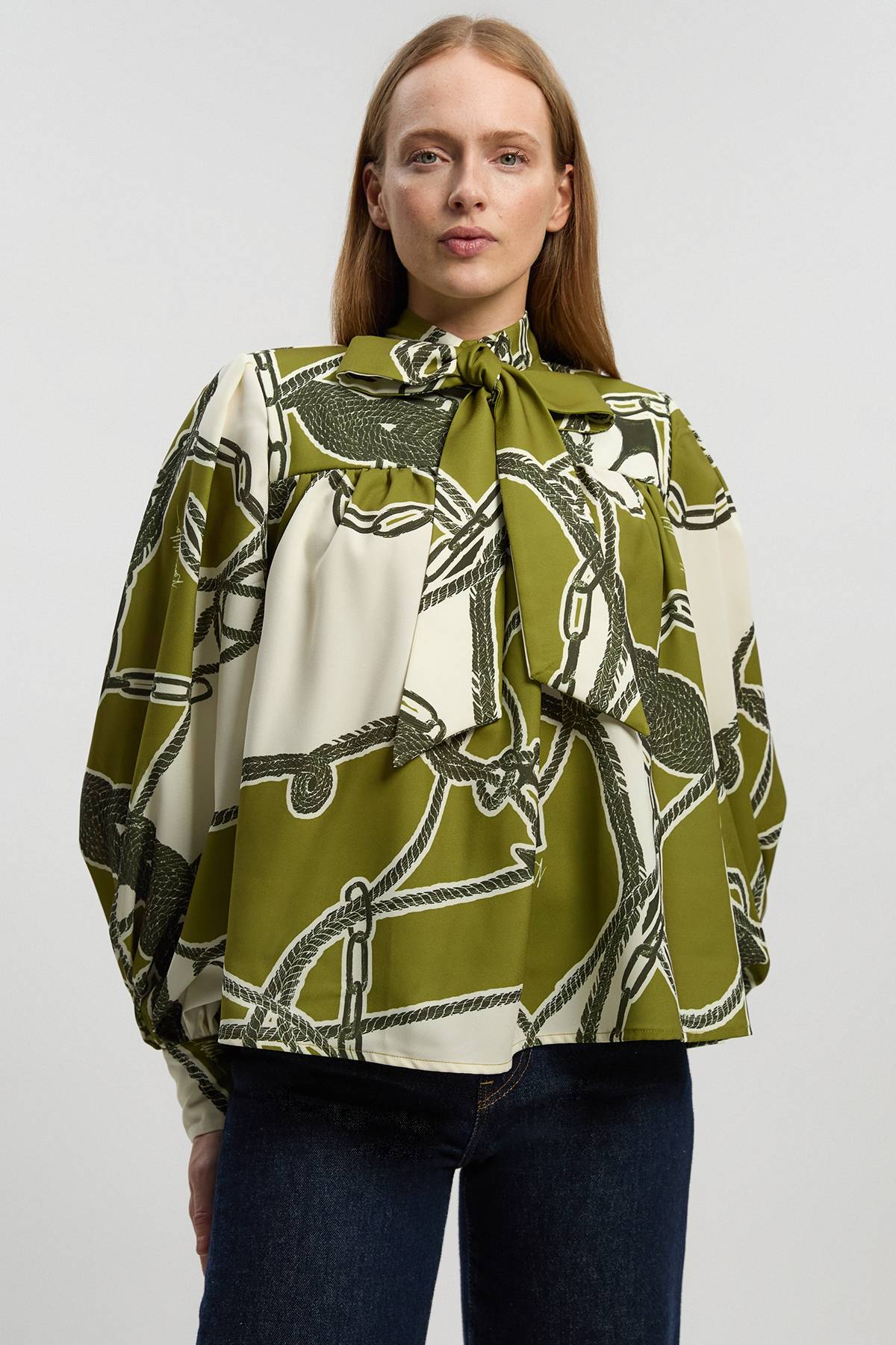 KarenMillen Blouse Ballon Tissée À Imprimé Chaîne Avec Détail Nœud