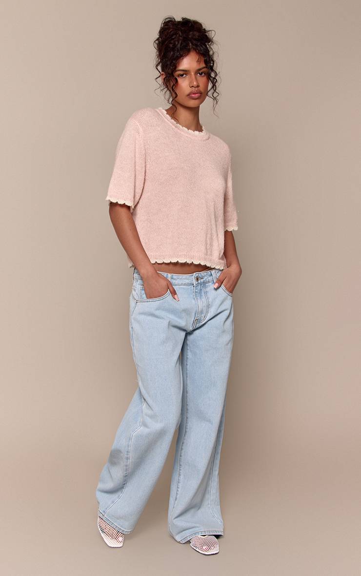 Rose T-shirt En Maille Mélangée Laine À Bords Festonnés Contrastants