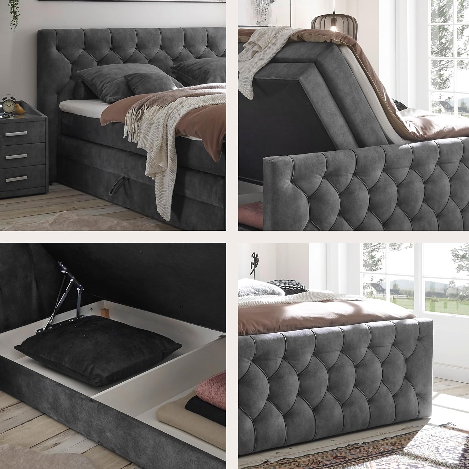 CASHFIELD 8 Boxspringbett mit Bettkasten 180x200, Anthrazit - Bequemes Doppelbett mit 7-Zonen-Federkern Matratze & Kaltschaum Topper mit Klimaband - 200 x 113 x 225 cm (B/H/T)