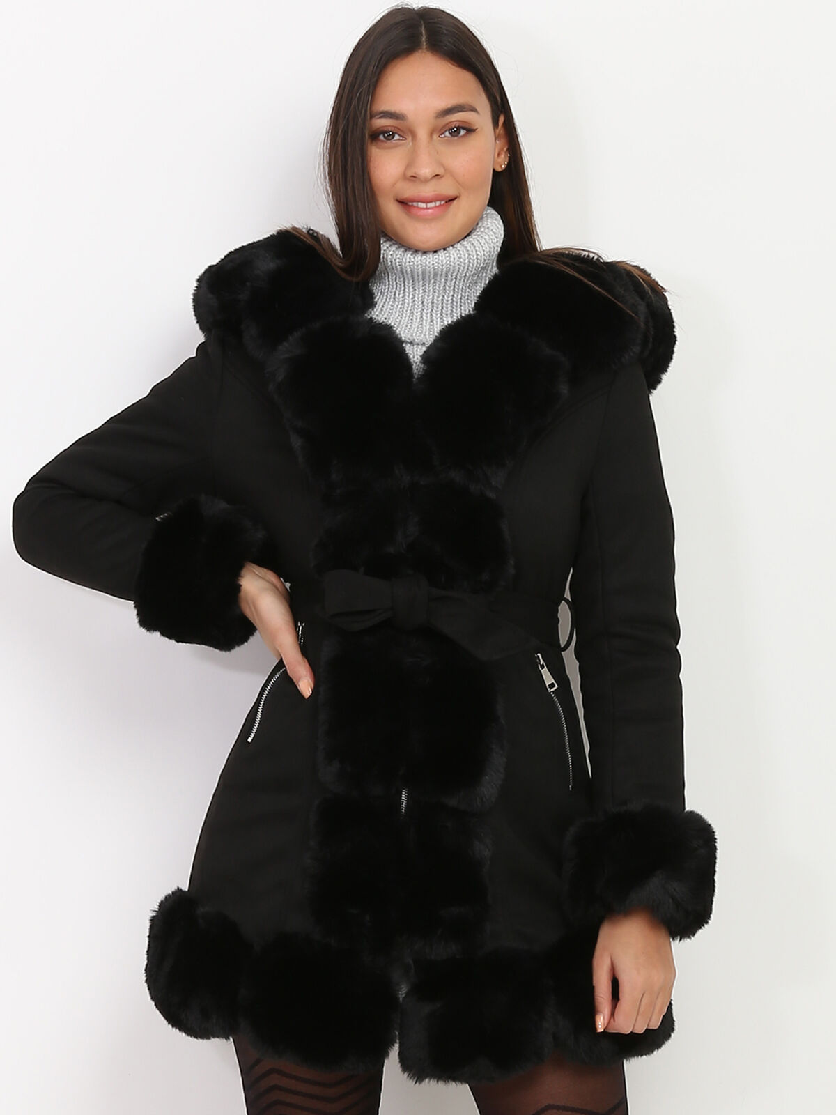 Manteau en suédine à fausse fourrure- Noir
