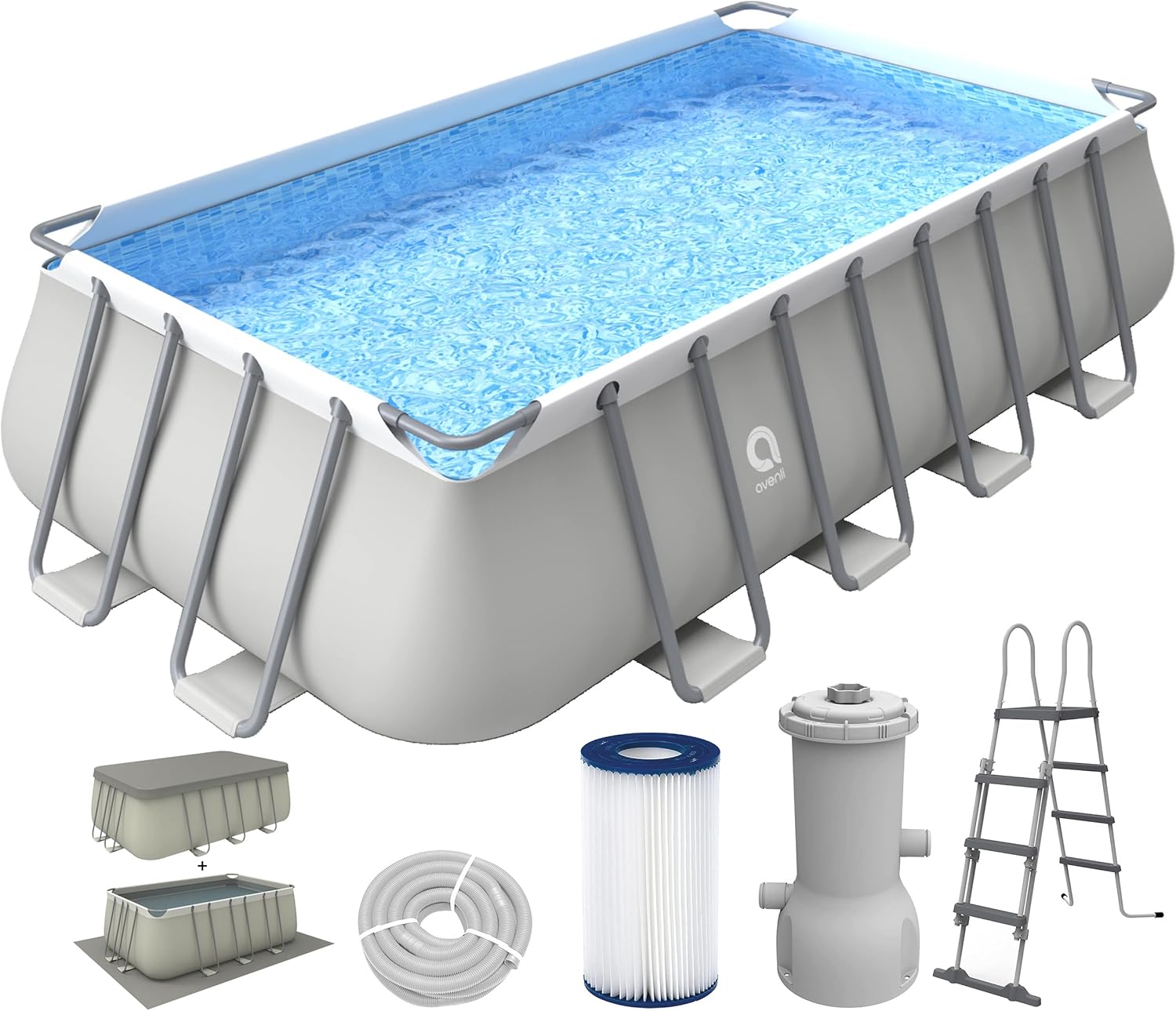 Avenli Pool 549 x 305 x 122cm Stahlrahmen Aufstellpool Komplettset mit Leiter Filteranlage Bodenplane & Abdeckung grau Framepool rechteckig Swimming Schwimmbecken