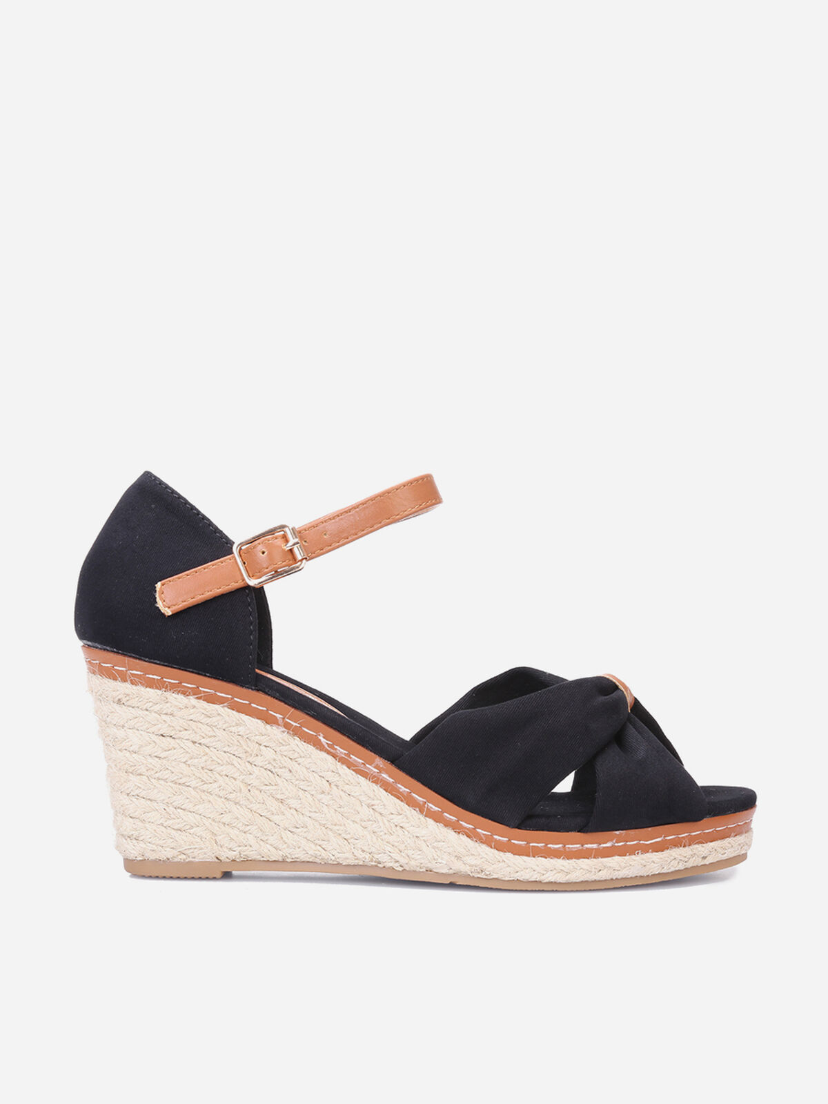 Sandales compensées en tissu à noeud- Noir