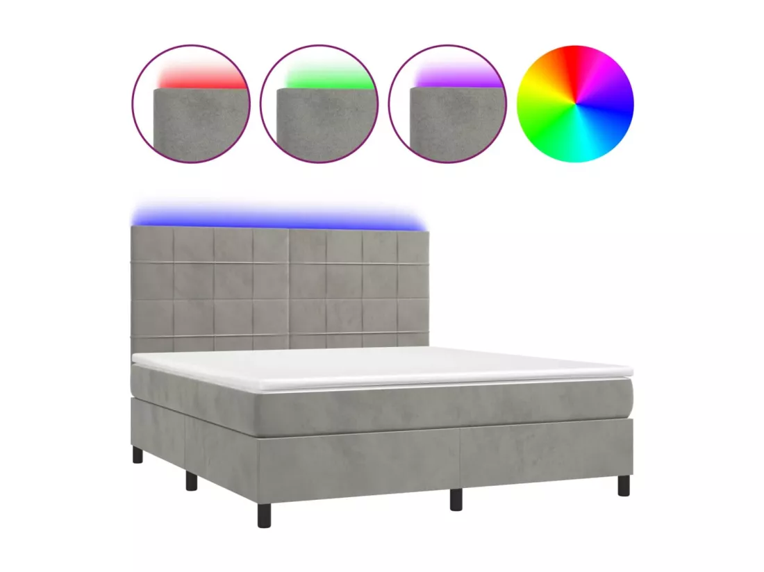Sommier tapissier matelas et LED Gris clair 160x200 cm Velours