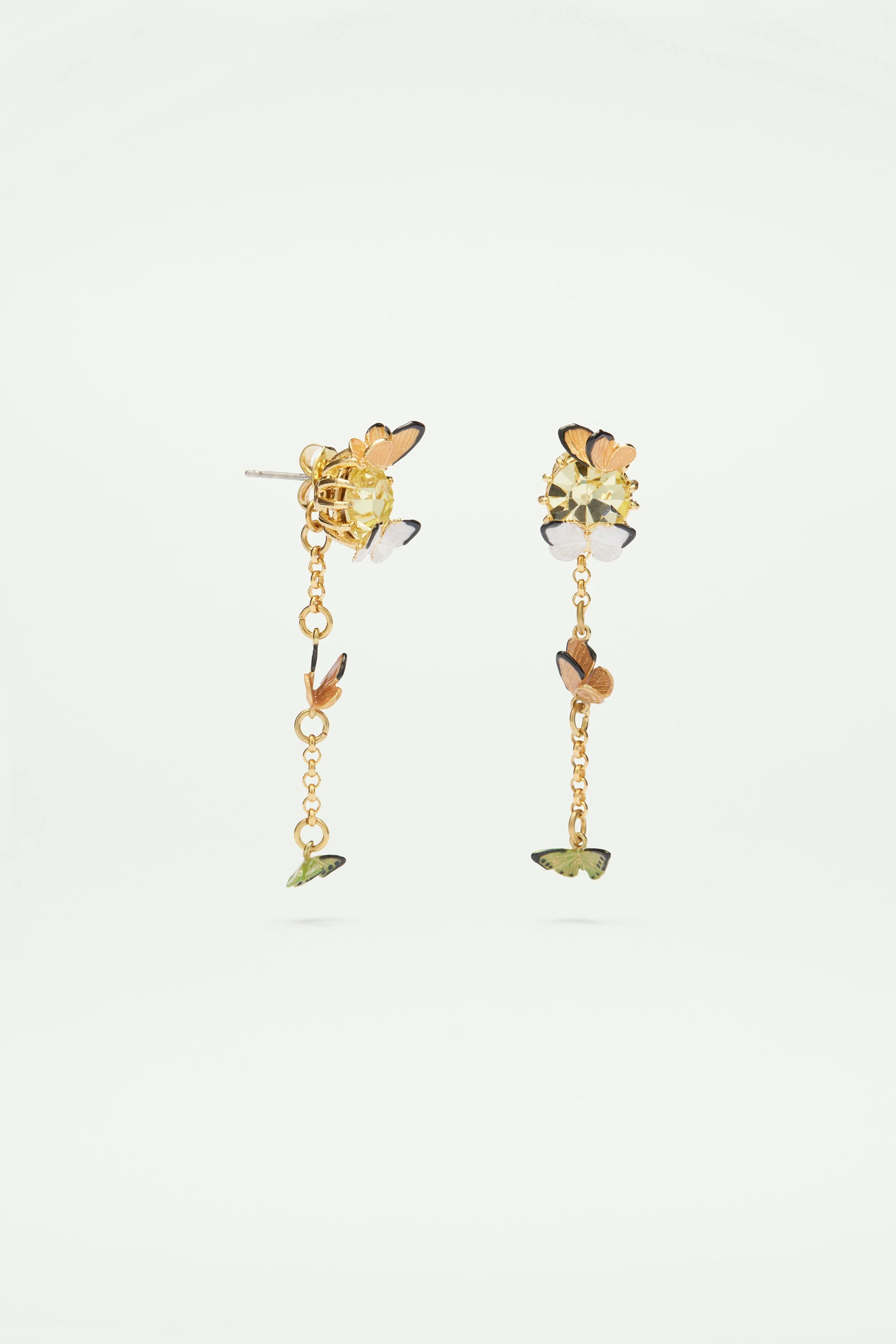 Boucles d'oreilles tiges pendantes papillons émaillés et pierre en verre taillé | Multicolore