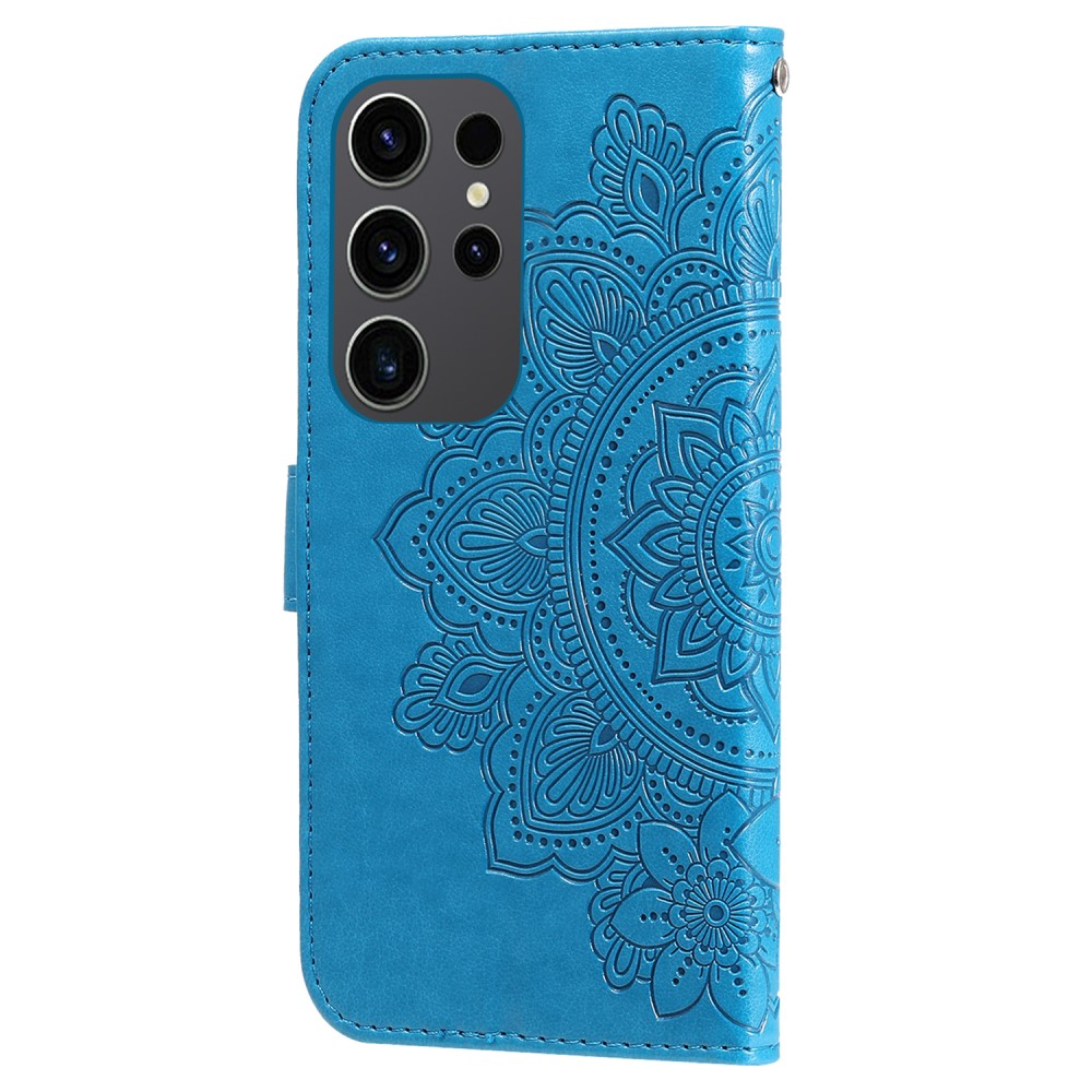Samsung Galaxy S24 Ultra Leder Tasche Wallet - Mandala Flower Imprint - Blau