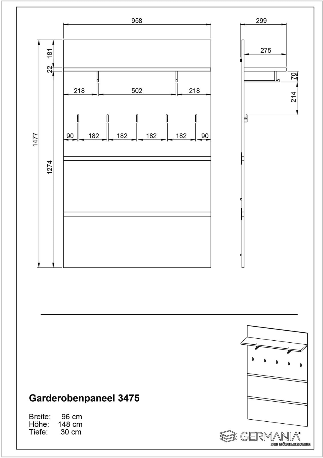 CASAVANTI Garderobenpaneel ALMADA 96 x 147 cm anthrazit /Navara Eiche NB