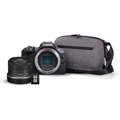 Appareil photo hybride Canon EOS R100 + RF-S 18-45mm f/4.5-6.3 IS STM + Sac photo + carte SD 64 go