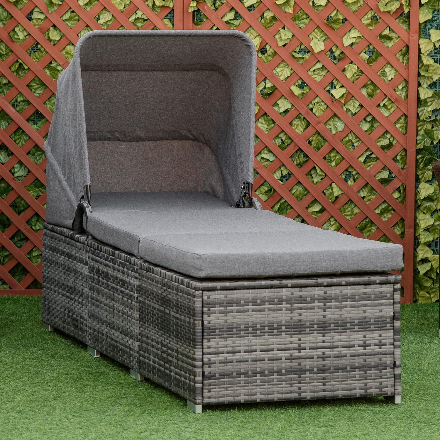 Outsunny Sonnenliege aus Polyrattan mit Sonnendach Gartenliege verstellbar Rattanliege Gartenmöbel Liege mit Kissen Grau 195 x 65 x 40 cm