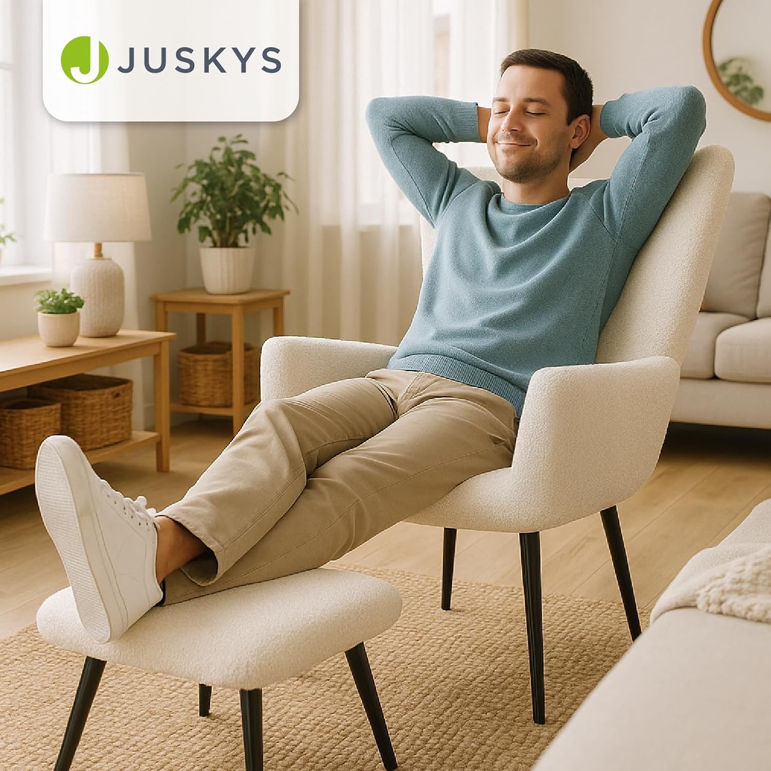 Juskys Ohrensessel Odense mit Hocker, Relaxsessel mit Bouclé-Stoff, skandinavischer Stil, hoher Rücken & gepolstert, Stahlgestell – Beige