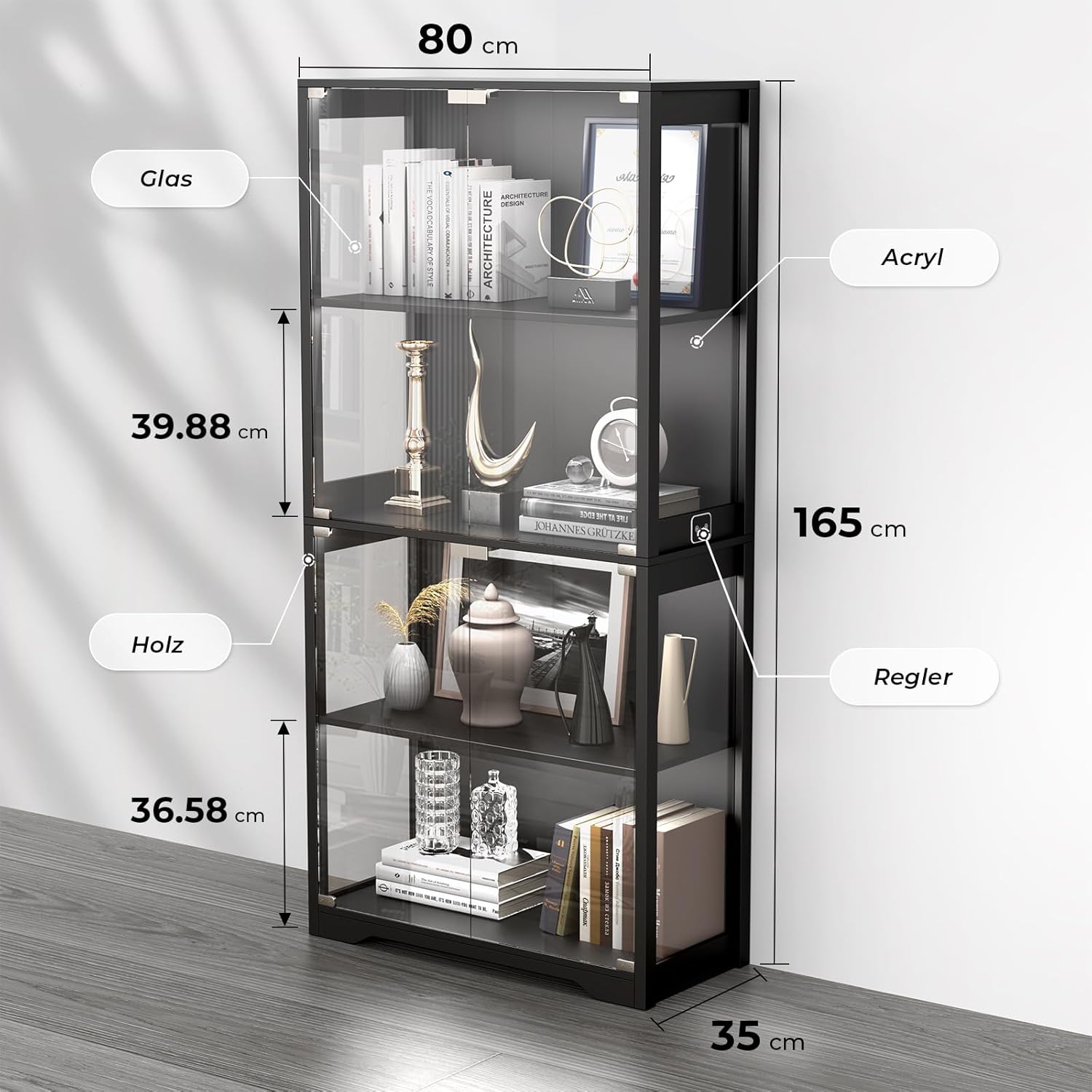 Vitrine mit LED Beleuchtung und Glastüren, Sammlervitrine, Vitrinenschrank mit Intelligente Sensorik, 4-Lagen Glasvitrine Staubdicht für Wohnzimmer Schlafzimmer Büro, Schwarz