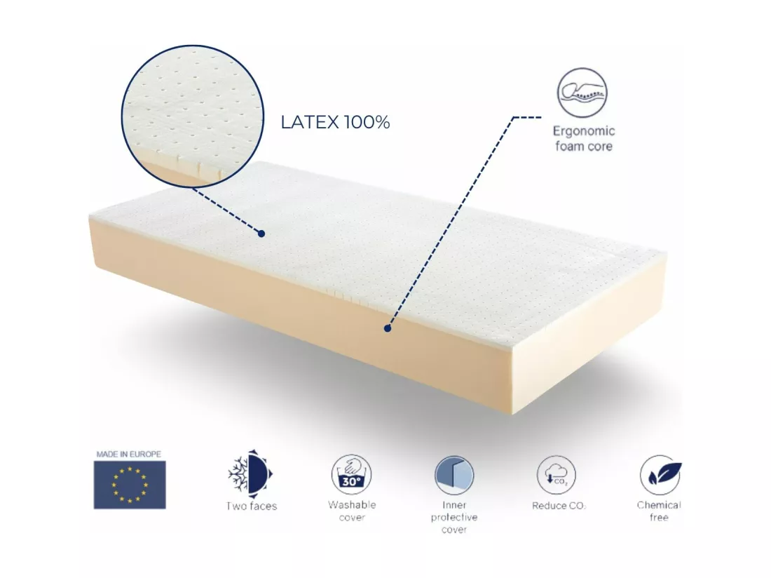 Matelas 90X190 DRACO LATEX Épaisseur 20 CM déhoussable, noyau en latex 100%