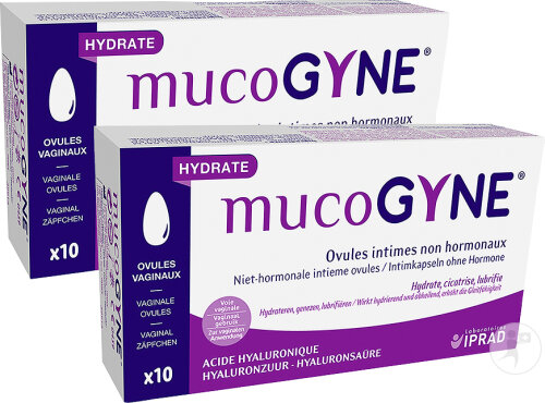 Pack de 2 Mucogyne Acide Hyaluronique Ovules Intimes Non Hormonaux Voie Vaginale 10 Pièces