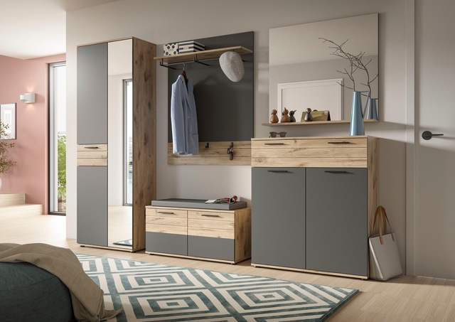 INOSIGN Schuhkommode »Riga, Breite 90 cm, 2 Türen, 1 Schubkasten, 4 Einlegeböden, 5 Fächer« hochwertige Rillenfräsung, mit Softclose, Kommode, Anrichte, Schrank