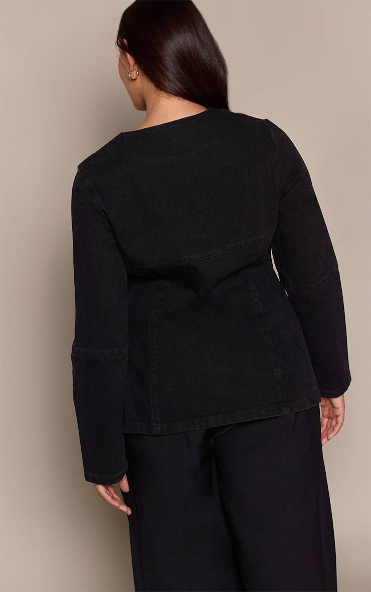 Noir Chemise En Denim Col Rond Grande Taille