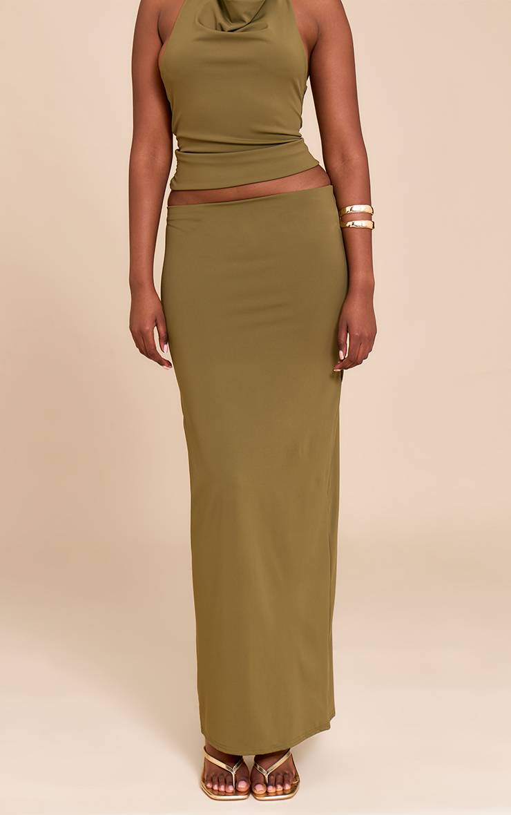 Vert Olive Jupe Longue Taille Mi-haute En Matière Sculptante Mate