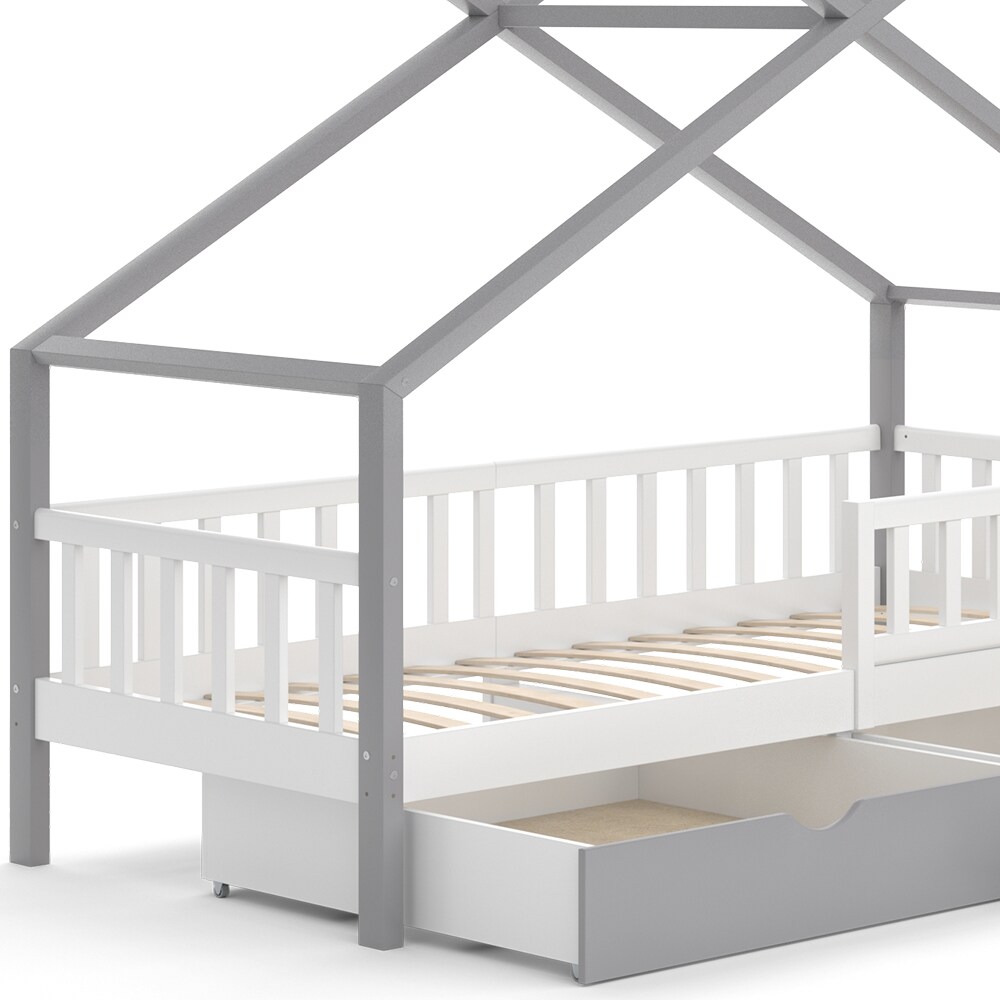 VitaliSpa Kinderbett Hausbett Einzelbett Design Weiß Grau modern 90x200 cm Kinderzimmer Bett Massivholz Lattenrost Schublade Rausfallschutz Schubladenbett