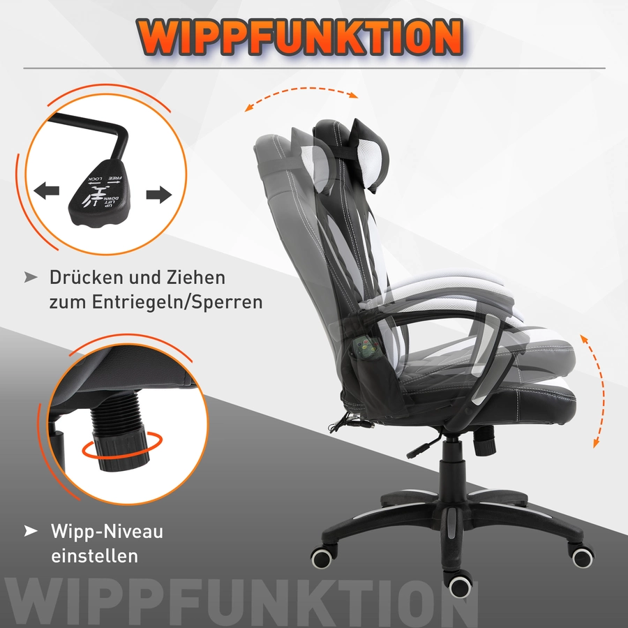 HOMCOM Sportlicher Chefsessel mit Massage- und Wärmefunktion schwarz, weiß