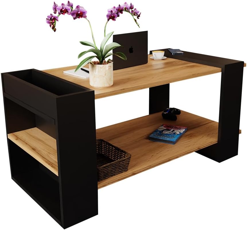 Meble Pitus Couchtisch ST16 moderner Wohnzimmertisch Eiche Wotan Schwarz Beistelltisch Couch mit Stauraum und Ablage Couchtisch Holzoptik mit Fach, robuster Sofa Tisch im Industrial Design 105x54x50cm