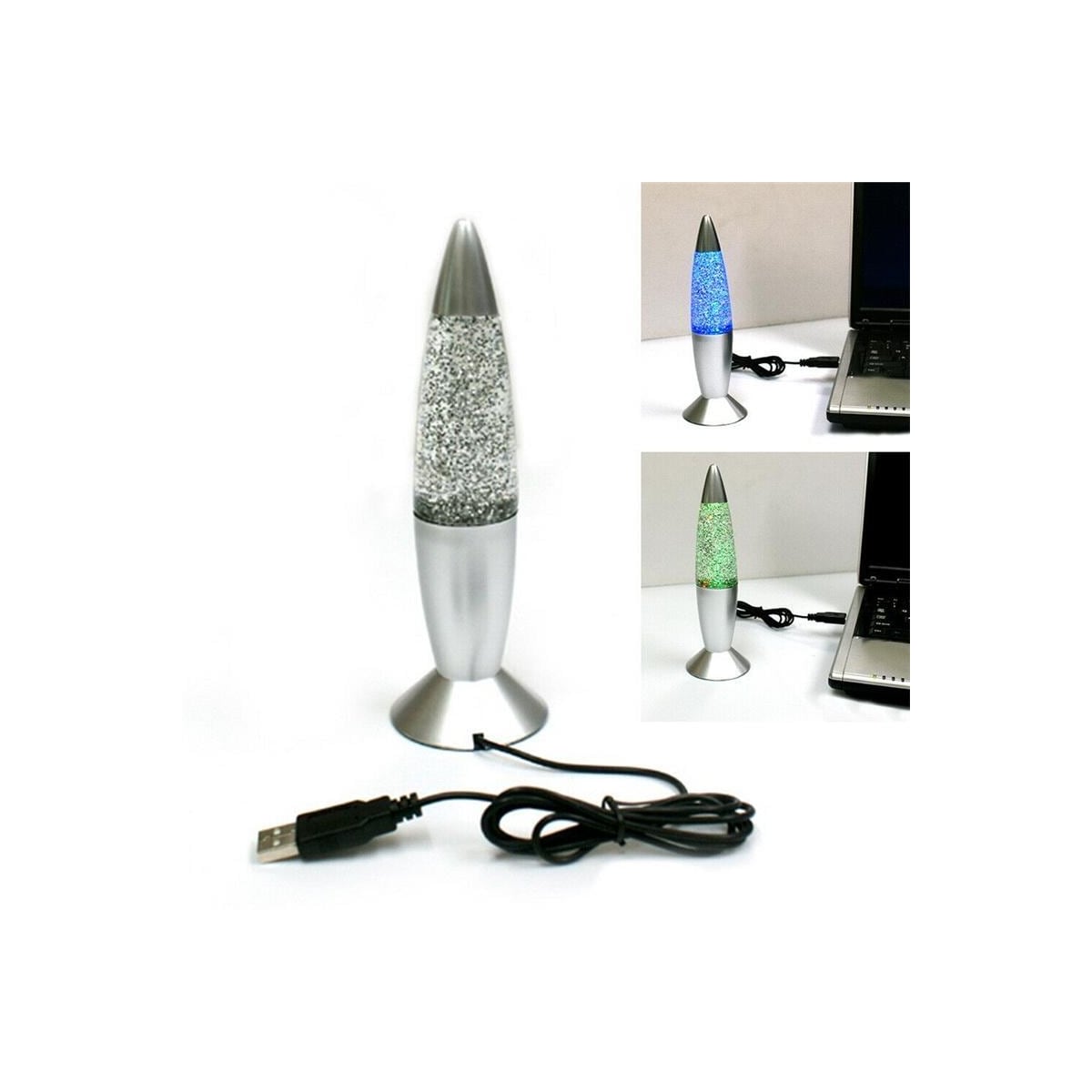 Lavalamp med glitter, lyser i flere forskjellige farger.