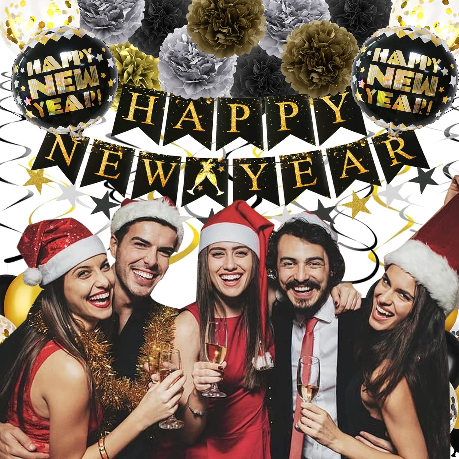 (39-tlg. Set) Happy New Year Girlande Silvester Party Dekoration   Latex- & Folienballons / Pompon's / Stern Girlande - Gold / Schwarz
