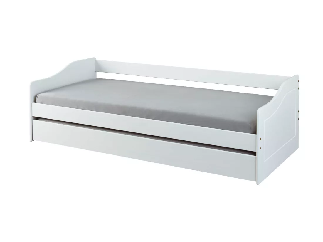 Lit gigogne en bois massif blanc avec sommier à lattes intégré 90x200 - LT12120