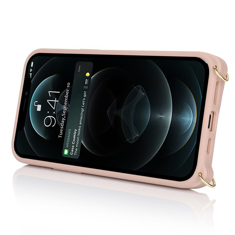 iPhone 12 / iPhone 12 Pro Necklace Leder Hülle mit Münzfach und Kartenfächer   Finger Griff Halterung   Handykette - Roségold