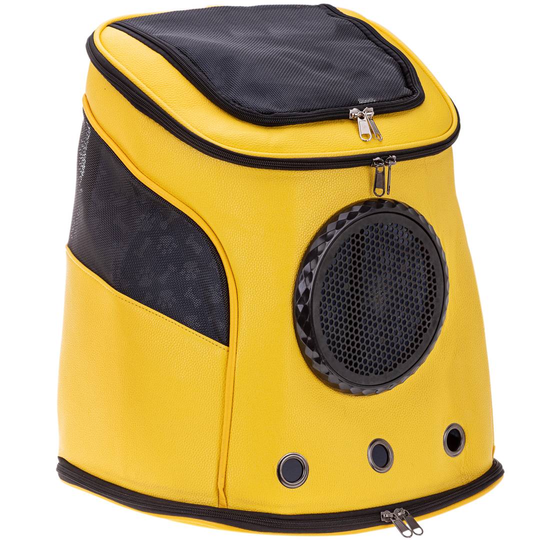 Mochila transportadora para cães e gatos, em couro sintético, preta.
