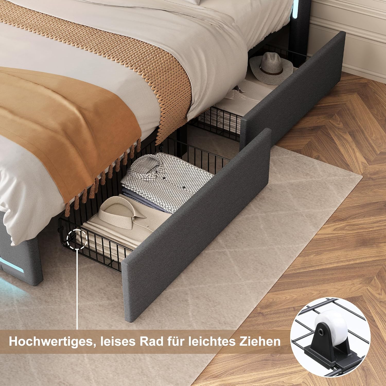 Polsterbett Doppelbett 180x200 cm, Stauraumbett mit 4 Schubladen, Bett 180x200 mit Bettkasten und Lattenrost, LED Kopfteil mit USB Ladestation, Jugendbett Funktionsbett Rückenlehne Bett, Leinen