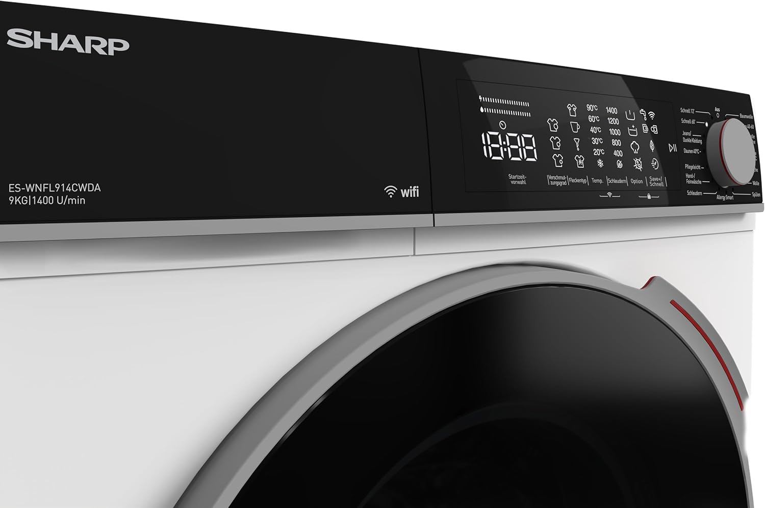SHARP ES-WNFL914CWDA-DE Waschmaschine 9kg, 1400 U/min, Energieklasse A (-20%), Inverter-Motor, AquaStop, AllergySmart, LED Touch Display, WLAN, 15 Programme, Weiß
