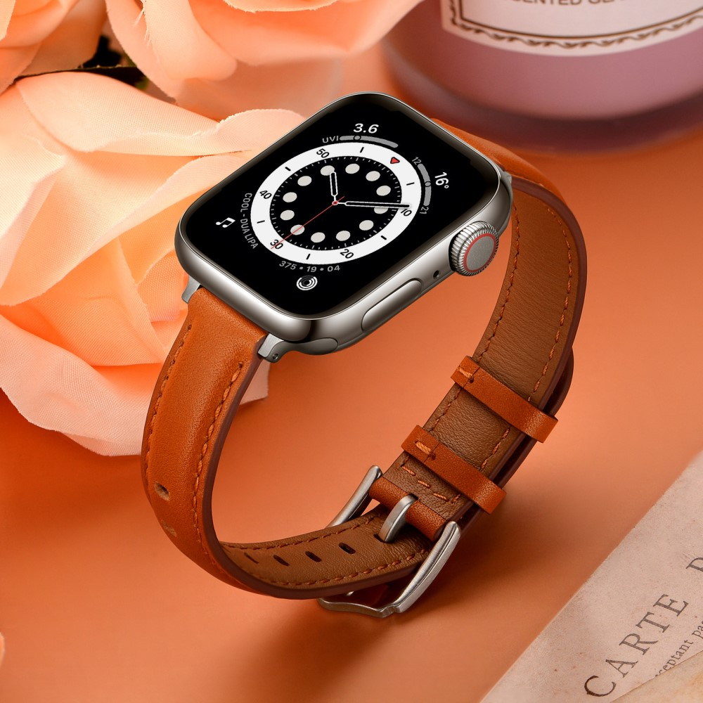 Apple Watch (42/41/40/38 mm) Echtleder Ersatz Armband mit Dornschliesse (Gelenkumfang 156-221 mm) - Braun / Silber