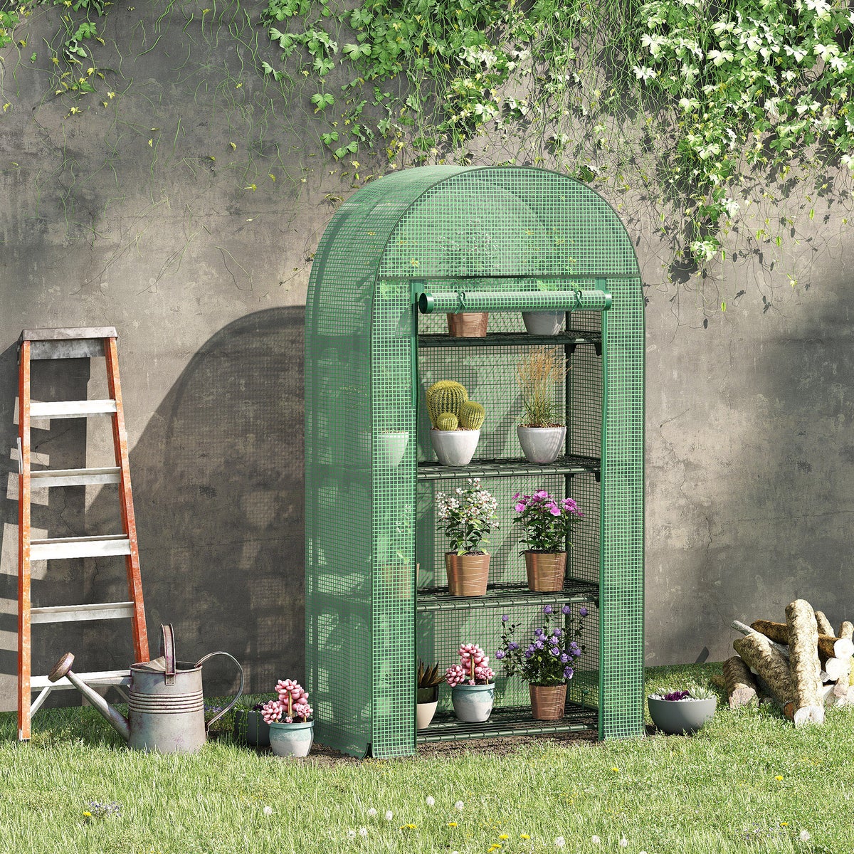 Outsunny polytunnelkas, met 4 planken, 80 x 49 x 160 cm, metaal, groen