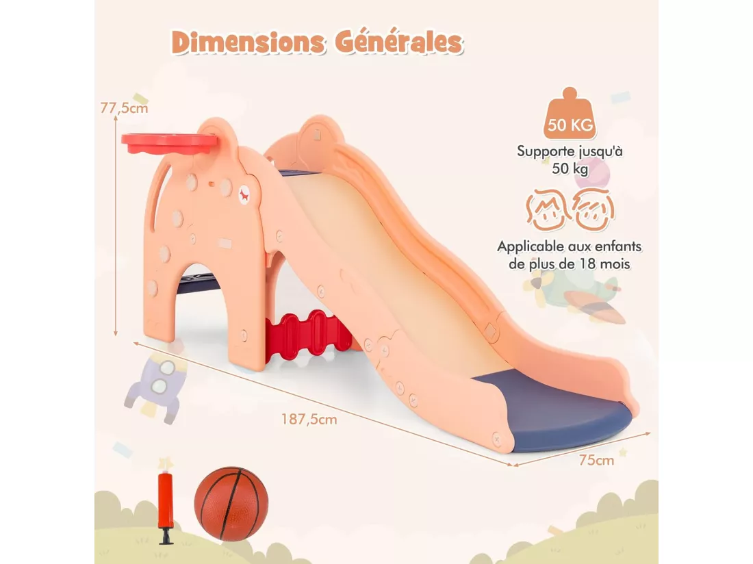 4 en 1 Toboggan Enfant en Forme Éléphant avec Panier de Basketball, Toboggan Extérieur Intérieur en HDPE avec Ballon, Aire de Jeux pour Glisser & Grimper, Charge 50kg pour 18 Mois+(Rose)