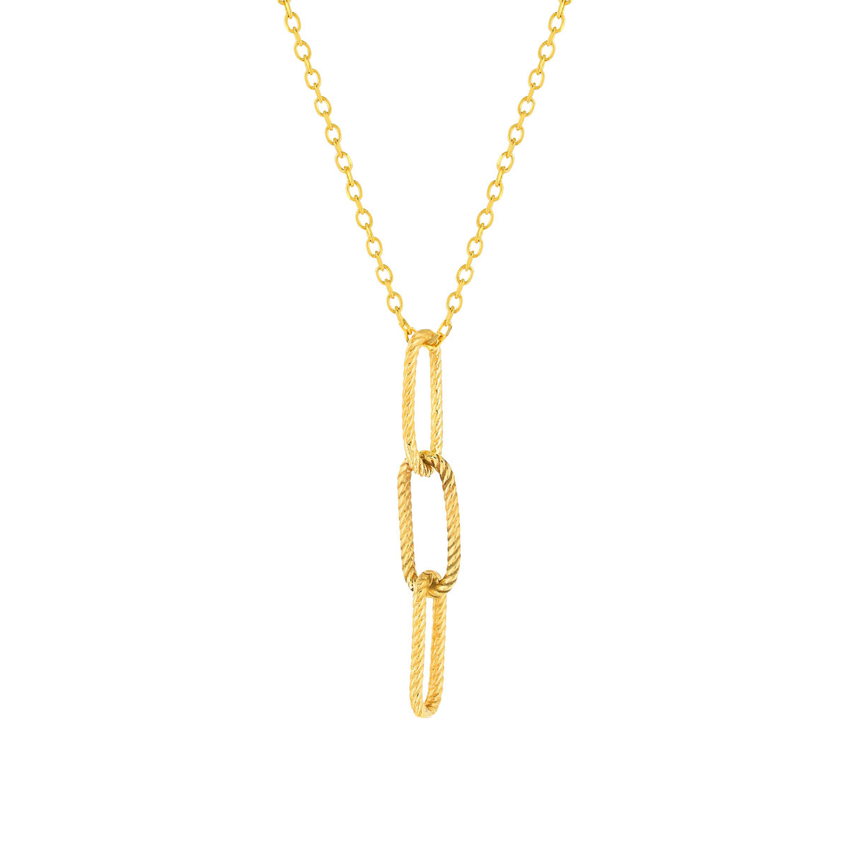 Collier or jaune 375, pendants 3 maillons striés. Longueur 43 cm.