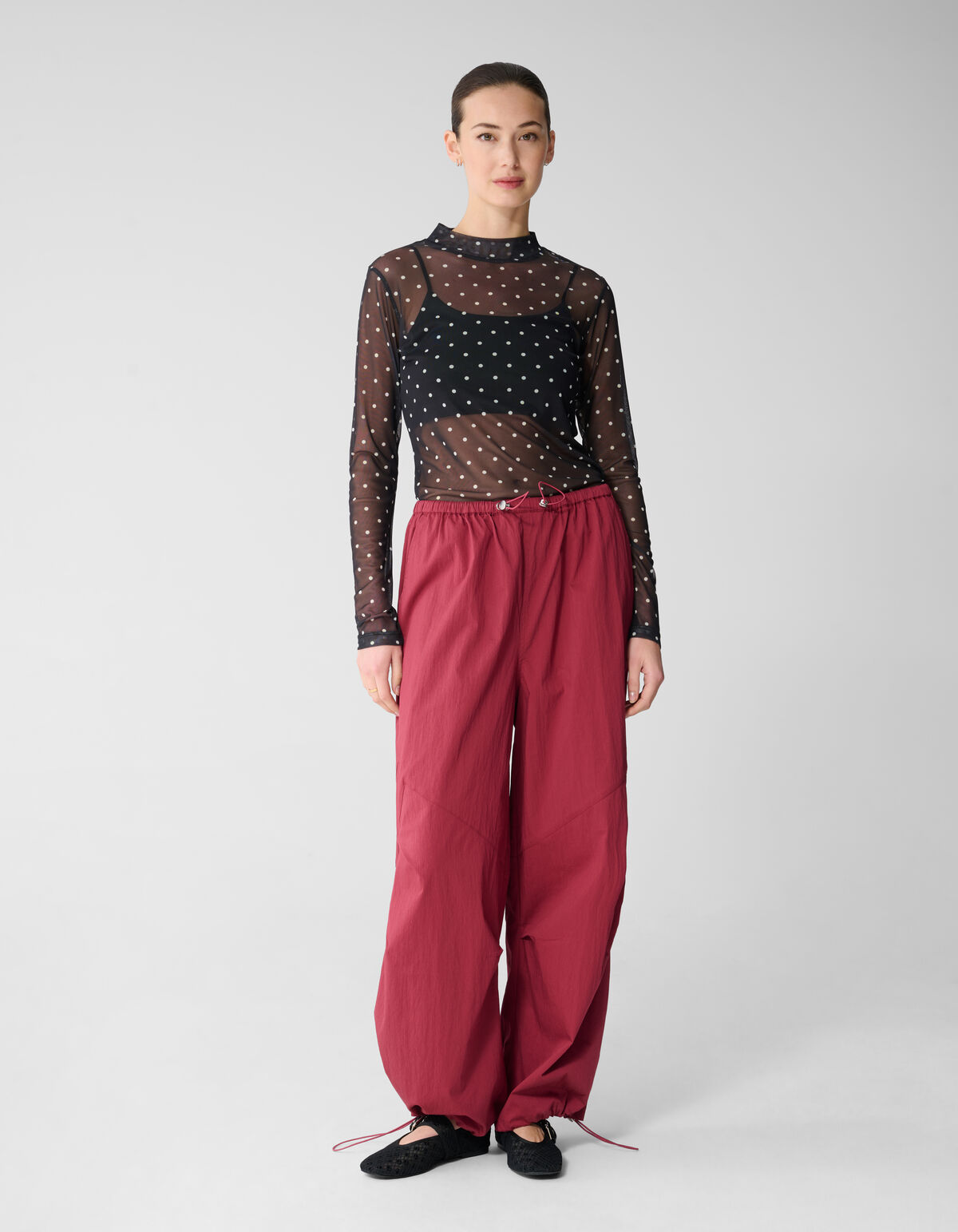 Mesh Polkadot Longsleeve Top Zwart