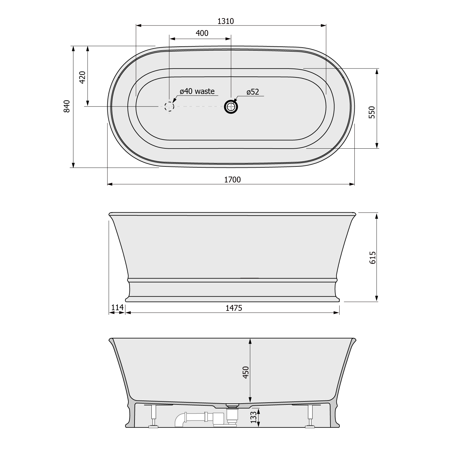 Polysan Delonix vrijstaand bad 170x84x61,5cm wit